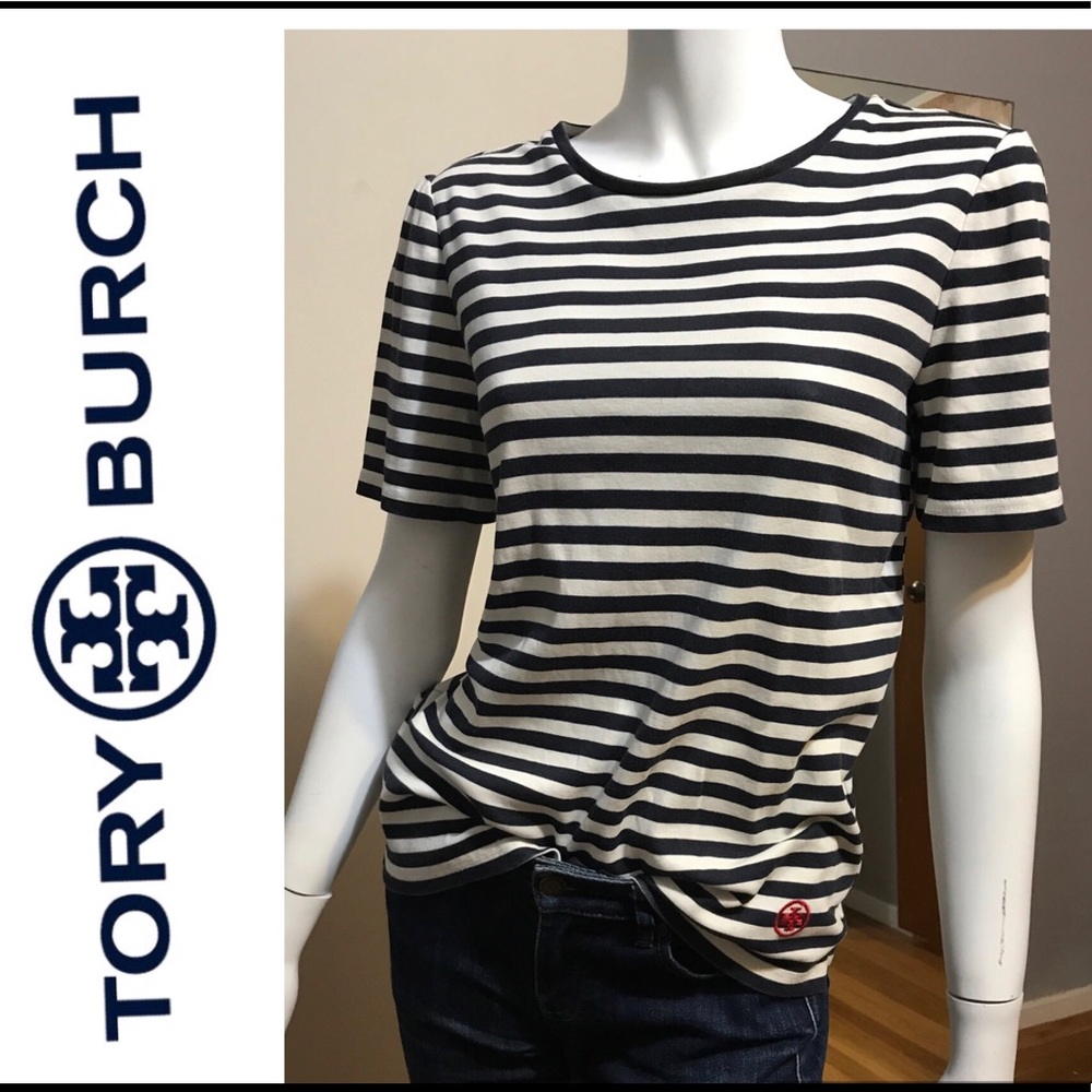 TORY BURCH BLACK WHITE STRIPE TOP SMALL RED LOGO
